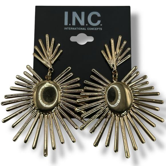 Macy's INC Gold Starburst Drop Earrings XL Large MCM Mid Century Retro Atomic - Picture 1 of 6